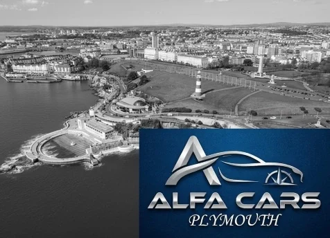Black and white view of a coastal city with a logo for Alfa Cars Plymouth.